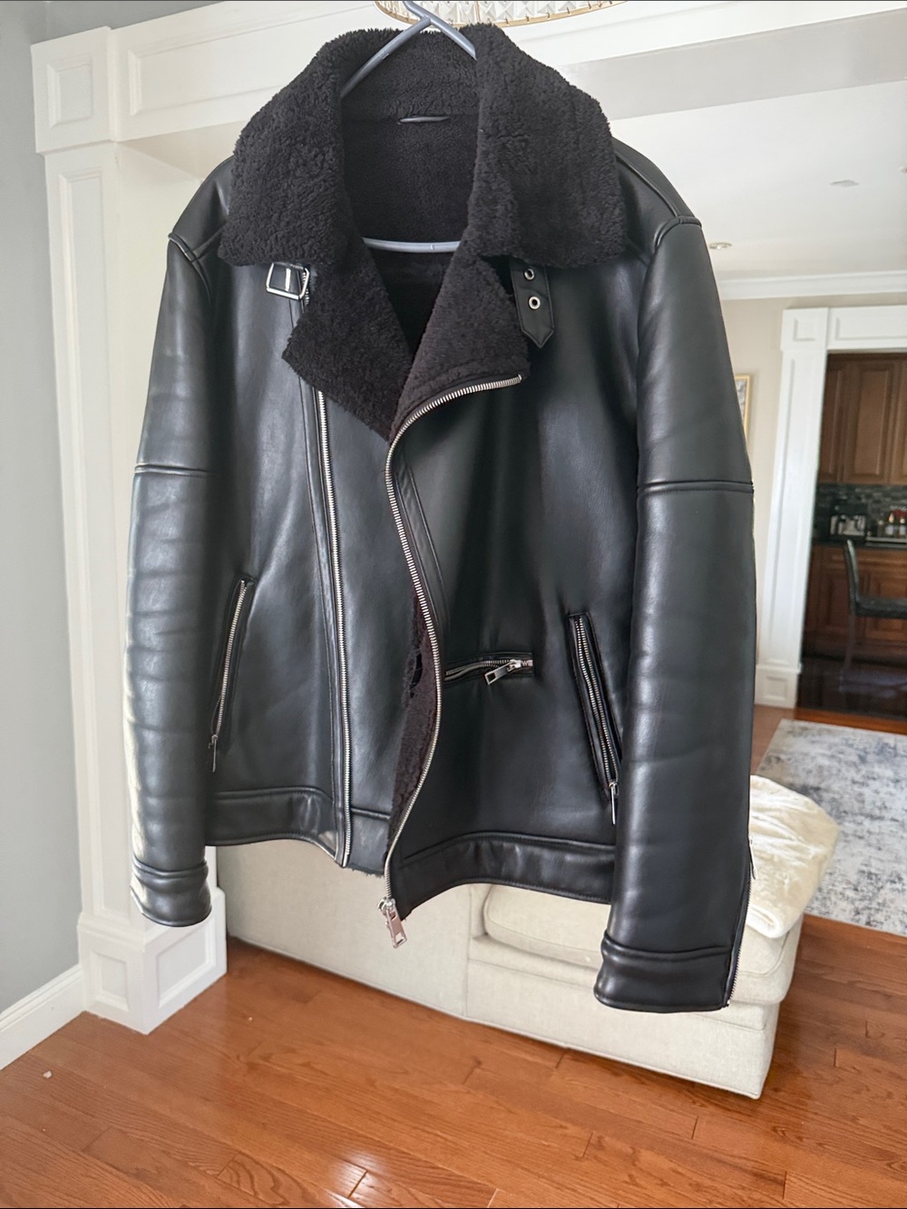 Zara Black Leather Bomber Jacket with Shearling Collar